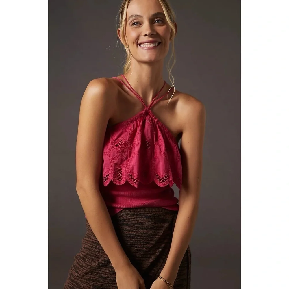 Anthropologie | NWT Ruffle Halter Tank Hot Pink Size Large - Picture 4 of 12